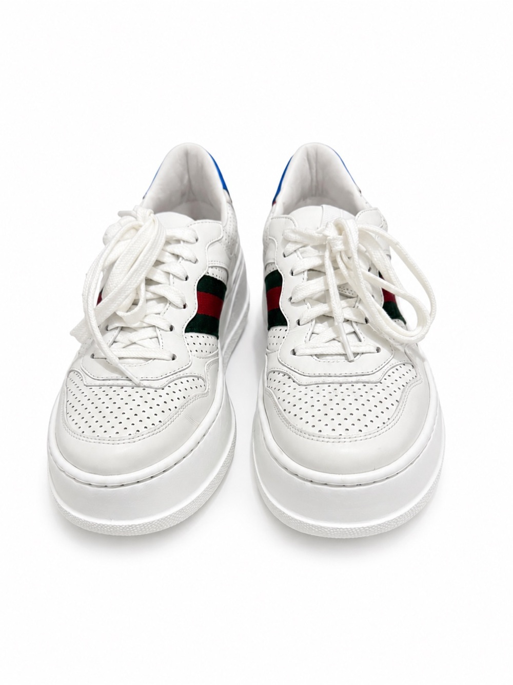 Gucci White Leather Platform Sneaker with Green and Red Web and Blue Heel - Picture 4 of 13